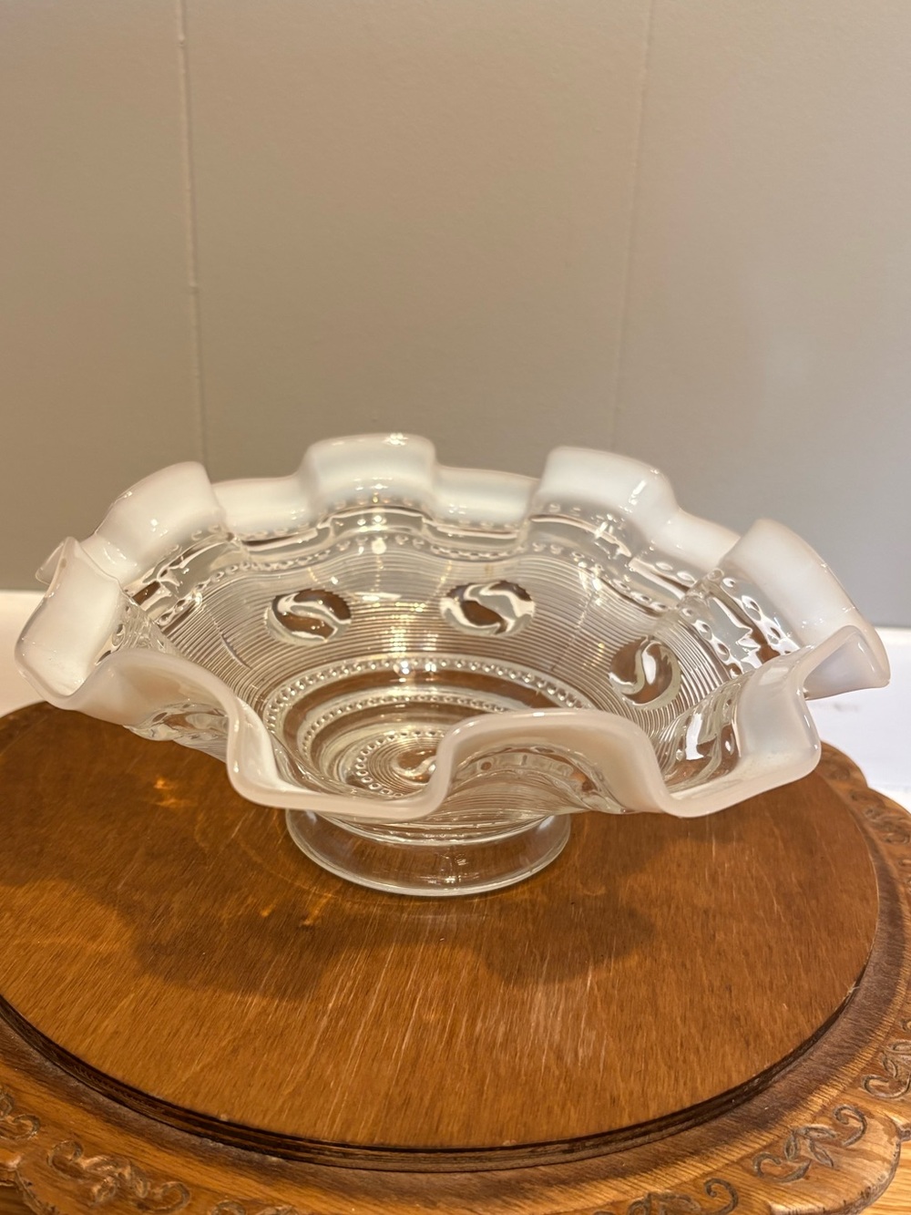 Antique Jefferson “Astro” Opalescent Footed Bowl with Ruffled Edge